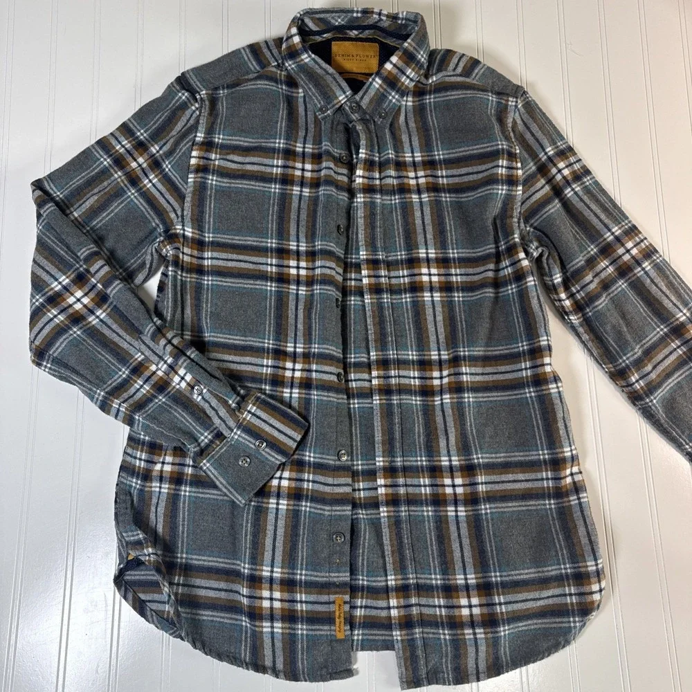 Denim & Flower Shirt Men's Small Flannel Button Down Plaid Gray Blue Brown